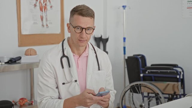 Man doctor with stethoscope holding smartphone and smiling in medical clinic with wheelchair and anatomical models visible; friendly care.