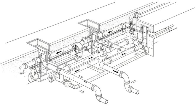 Detailed isometric drawing of a complex building piping and ductwork system.