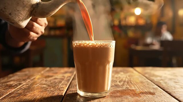Pouring Hot Irani Chai Tea into Glass in Hyderabad Cafe