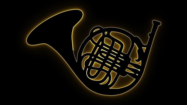 French horn. Brass instrument. Neon music art. Orchestral design. Musical silhouette. Horn illustration. Classical music. Music studio logo. Yellow glow icon. Brass band graphic.