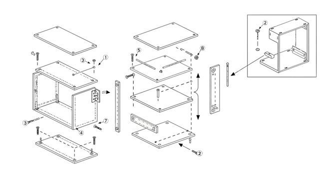 Exploded view technical diagram illustrating the assembly of a rectangular electronic device enclosure with various components and fasteners.