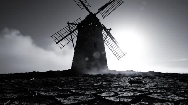 Dramatic black and white shot of an old stone windmill with turning sails against a stormy sky
