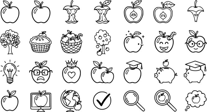 Black and White Line Art Icons of Apples, Food, Education, and Finance Symbols