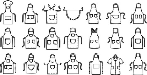 Fototapeta premium Black and White Line Art Icons of Various Aprons, Chef Hat, Kitchen Wear