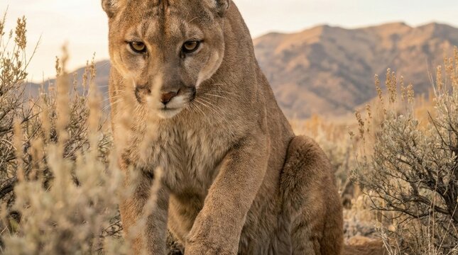 Mountain lion pics close view of a cougar moving through golden sagebrush, raised forepaw, focused eyes, dry mountain hills behind, intimate predator approach in warm natural light, arid texture