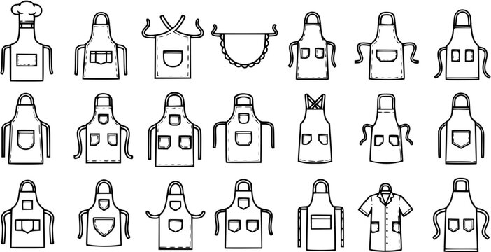 Black and White Line Art Icons of Various Aprons, Chef Hat, Kitchen Wear