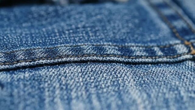 Close up view of the seam on a blue denim garment showing texture and stitching detail
