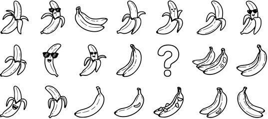 Obraz premium Black and White Line Art Doodle Bananas Set for Food Industry: Hand-drawn Cartoon Fruit Illustrations with Funny Faces and Bunches