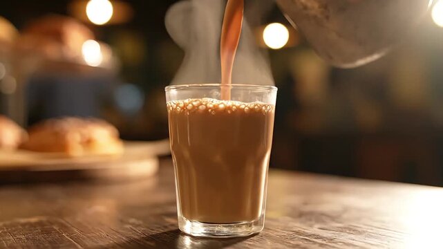 Pouring Hot Masala Chai into a Glass in a Hyderabad Cafe