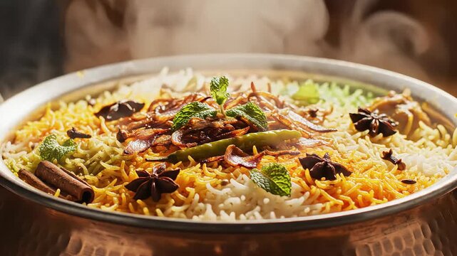Steaming Hyderabadi Biryani with Aromatic Spices and Mint Garnish