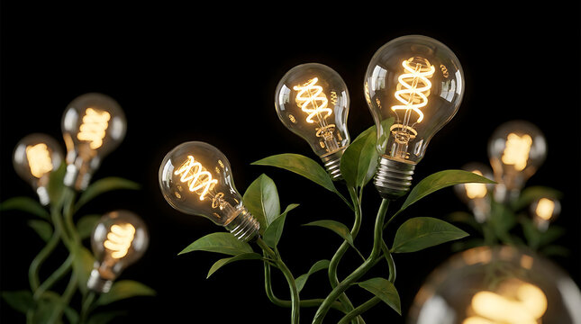 Bright ideas taking root Glowing light bulbs sprouting from lush green plants, a vibrant symbol of innovation and new energy concepts