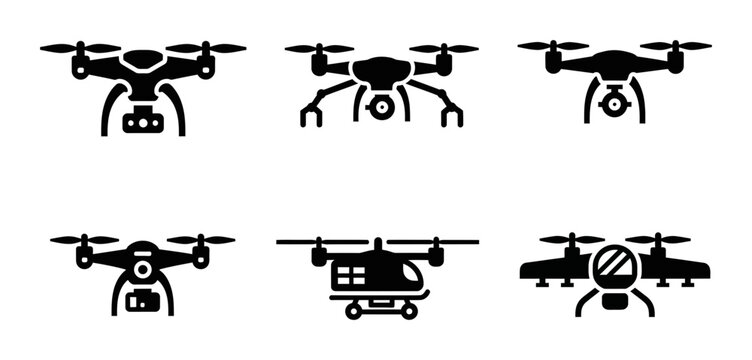 6 Drone silhouette icons quadcopter camera delivery aircraft, solid black style, technology aviation