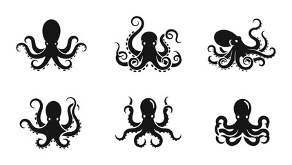 Fototapeta premium 6 Octopus silhouette icons tentacles suckers, solid black style, sea life animal collection