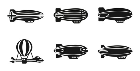 6 Airship silhouette icons blimp dirigible hot air balloon, solid black style, aviation transport © Sijan