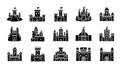 15 Castle silhouette icons towers flags gates, solid black style, medieval architecture travel set © Sijan