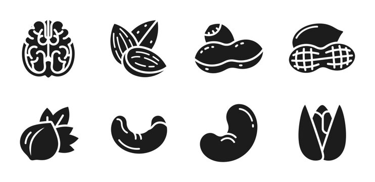 8 Nut silhouette icons walnut almond peanut cashew pistachio, solid black style, food snack collection