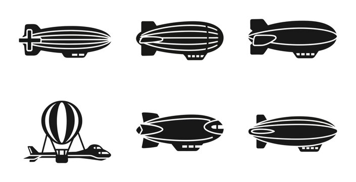 6 Airship silhouette icons blimp dirigible hot air balloon, solid black style, aviation transport