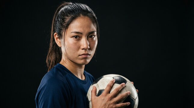 漆黒の静寂とアスリートの闘志。サッカーボールを手に汗ばむ、日本人女子サッカー選手の肌に宿る極限の集中力