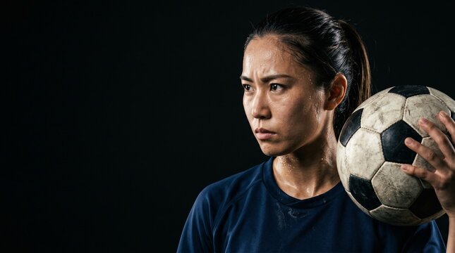 漆黒の静寂とアスリートの闘志。サッカーボールを手に汗ばむ、日本人女子サッカー選手の肌に宿る極限の集中力