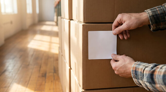 Worker's hands carefully affixing a blank label onto a stack of boxes in a sunlit warehouse