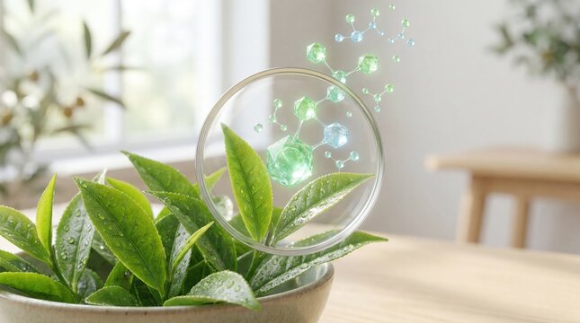 Fresh green tea leaves with morning dew in ceramic bowl and magnifying lens revealing translucent green antioxidant molecules floating upward in bright natural setting