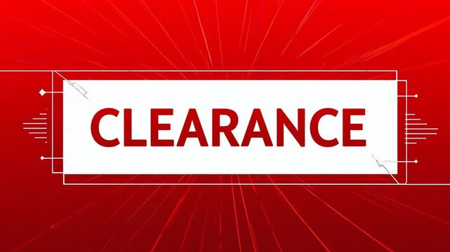 Red clearance sign with white rectangle and sunburst background