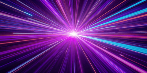 A vibrant purple abstract background features a bright star burst of pink laser rays and glowing energy beams, creating a shiny disco pattern and magic space illustration for a vector wallpaper © RABBANU