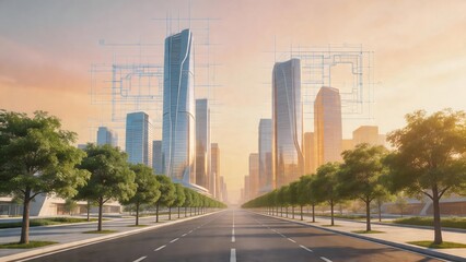 Obraz premium Futuristic city skyline with tall buildings