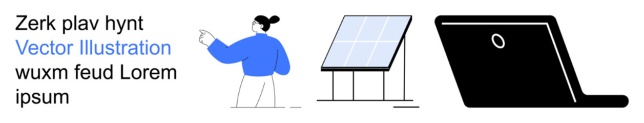 Renewable energy, sustainable tech, environmental awareness, solar power, futuristic tools, remote work. Person pointing to a solar panel with a laptop beside it. Renewable energy and sustainable © robu_s