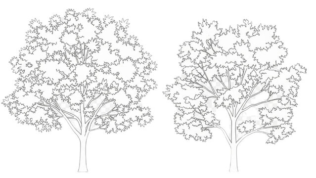 2D CAD drawings of two trees with foliage and branches