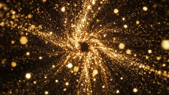 Sparkling golden particles explode in darkness.