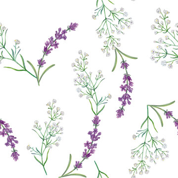 Watercolor seamless pattern with lavender and gypsophila flowers. Hand drawn botanical illustration isolated on white background. Realistic detailed floral ornament for textile and wallpaper
