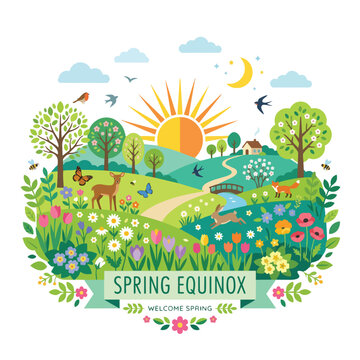 Vibrant Spring Equinox Landscape Illustration with Animals and Flowers