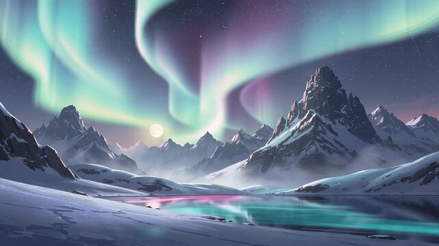 Serene winter night with vibrant northern lights dancing above majestic snow-covered mountains