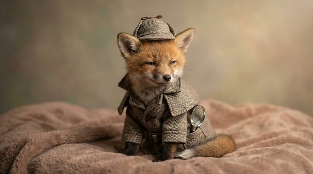 Cute Baby Fox Dressed as Detective with Magnifying Glass