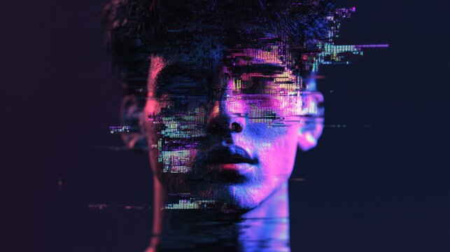A digitally fragmented human face, bathed in vibrant pink and blue, against a dark backdrop