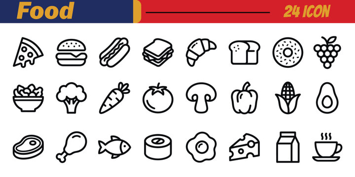 Food icons set. Contain icons related to pizza, hamburger, donut, coffee and more. Editable stroke. Vector illustration