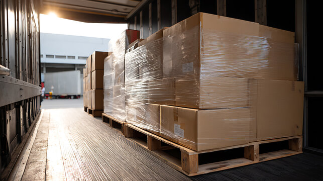 Cardboard Boxes on Pallets Inside a Delivery Truck Awaiting Unload at a Warehouse Dock, Logistical Cargo in Transit