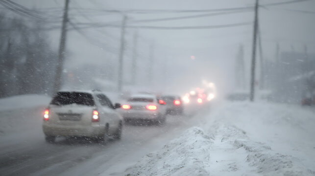 Vehicles navigate a snow-covered road during a winter storm, with dim headlights and taillights visible, conveying challenges of adverse weather conditions