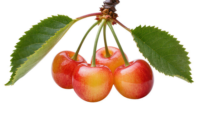 Four Rainier cherries with green leaves on stem, isolated on transparent background