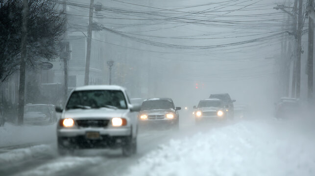 Vehicles navigate a snow-covered street during a severe winter storm, with low visibility and blizzard conditions, highlighting hazardous travel
