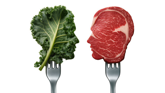 Kale leaf and raw steak heads on forks, isolated on transparent background