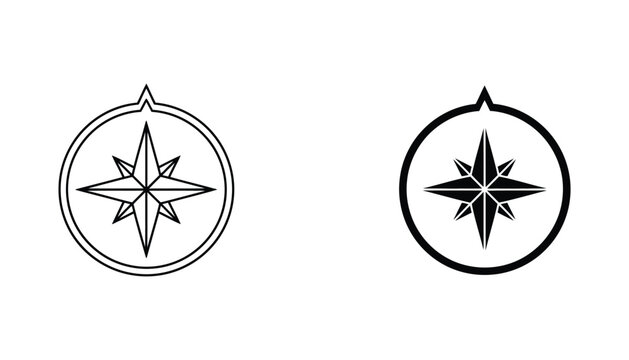 Minimalist navigation compass star symbol set in black and white outline and silhouette styles for map design
