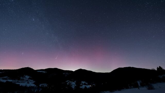 Red Aurora Borealis in Night Sky Over Countryside in Central Europe, Astronomy Timelapse