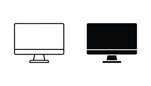Minimalist computer monitor display icon in outline and solid black silhouette styles for clean digital user interface design elements and professional technology software development graphics