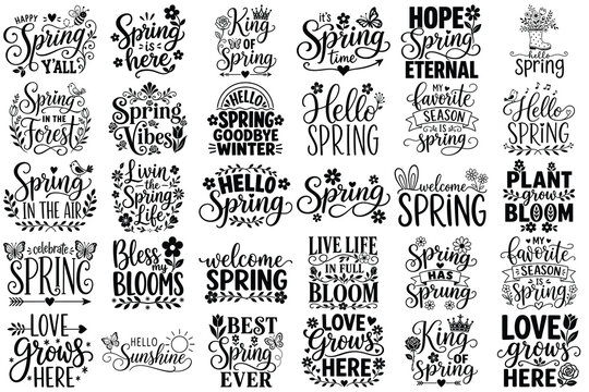 Spring Typography Quotes SVG Bundle, Black And White Floral Hand Lettering Designs, Hello Spring, Spring Vibes, Bloom, Love Grows, Seasonal Vector Clipart