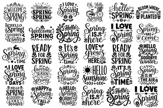 Spring Typography SVG Design Bundle, Black And White Hello Spring Quotes, Floral Hand Lettering Clipart, Bloom Where You Are Planted Vector