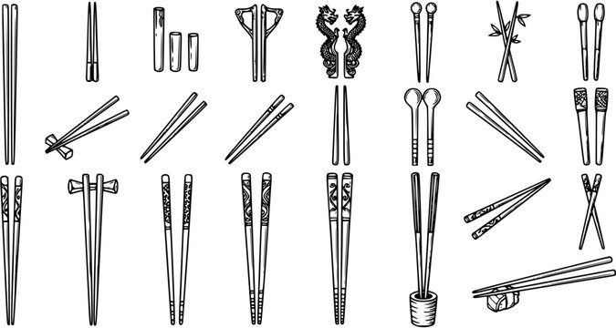 Black and White Line Art Icons of Chopsticks and Chopstick Rests, Food and Dining Utensils