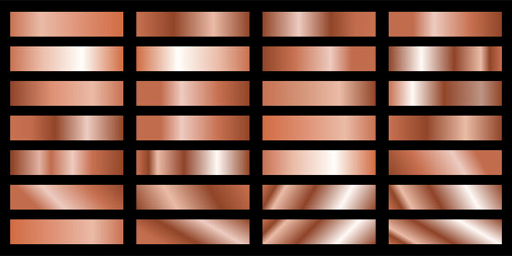 Copper gradients collection. Luxury set of pale copper gradient swatches. Metallic textures with polished foil shine and satin smooth. Premium design palette