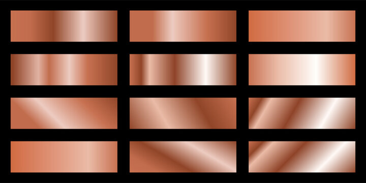Copper gradients collection. Luxury set of pale copper gradient swatches. Metallic textures with polished foil shine and satin smooth. Premium design palette